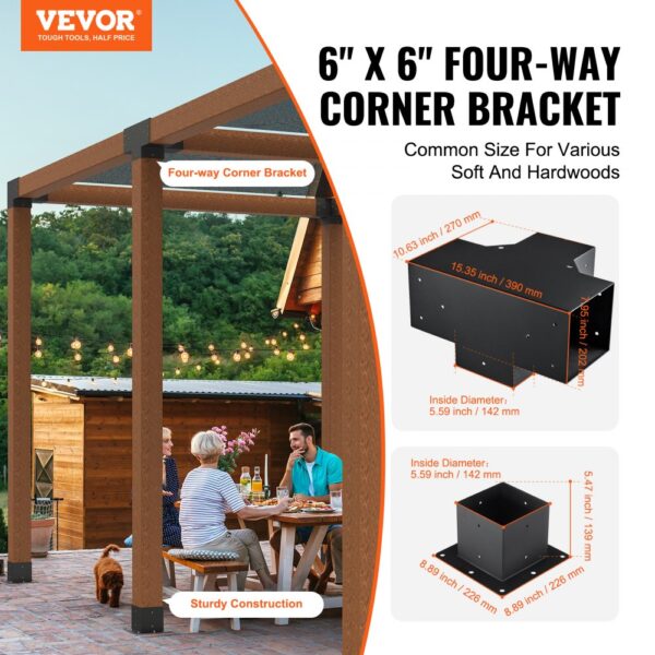 VEVOR Pergola Bracket Kit 6''x6'',, Inner Size 5.6"x5.6 4pcs 4-Way Heavy Duty Corner Bracket Woodworks DIY Post Base, Easy Installation Wooden Beams for Gazebos, Patio Pergolas, Log Cabin Outdoor Pergola Hardware