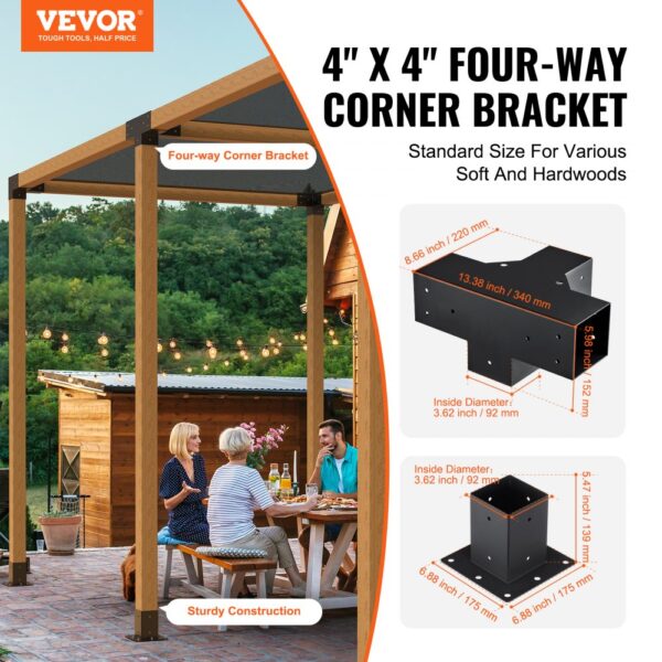 VEVOR pergola bracket kit featuring 4"x4" four-way corner brackets for sturdy outdoor construction.