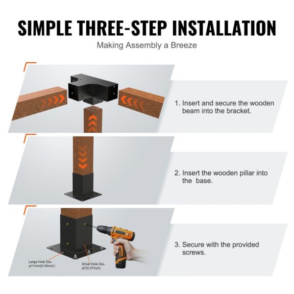 VEVOR pergola bracket kit installation in three steps: secure wooden beam, insert pillar, drill screws.