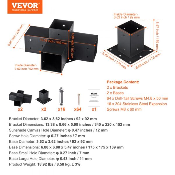 VEVOR pergola bracket kit specifications and package content diagram detailing measurements and components.