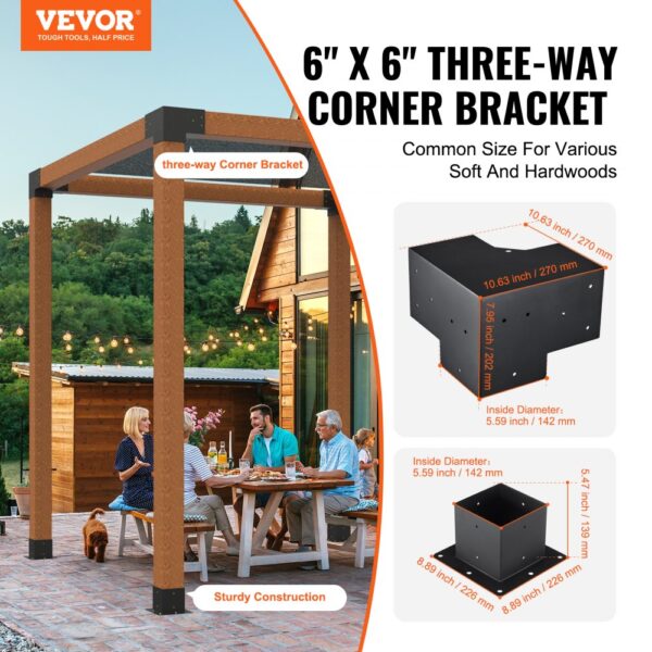 VEVOR pergola bracket kit display with a family dining outdoors, highlighting the 6" x 6" three-way corner bracket.