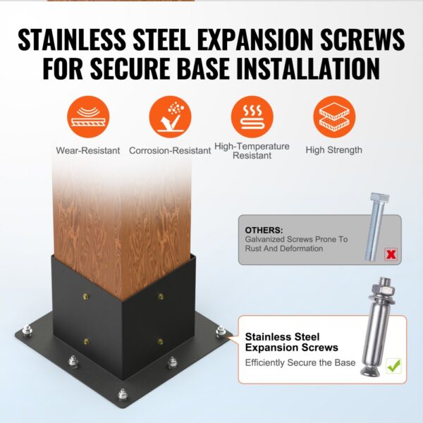 stainless steel expansion screws securing pergola base with wear, corrosion, and high-temperature resistance.