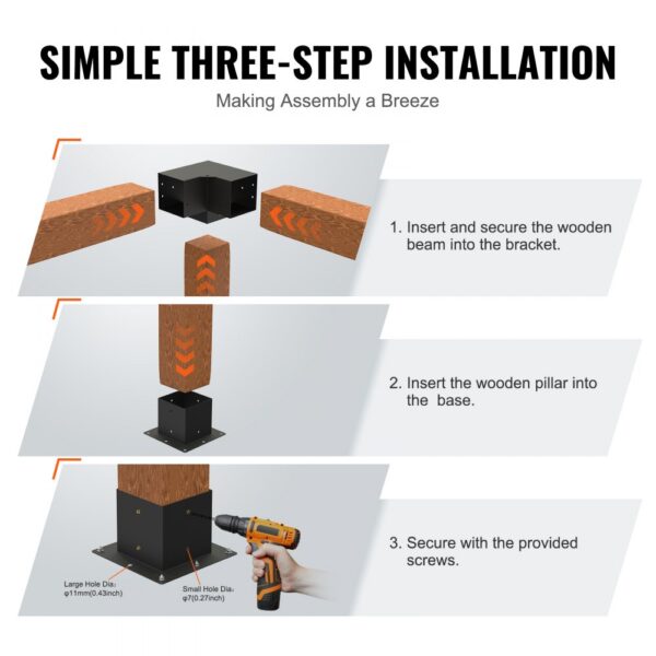 VEVOR pergola bracket kit simple three-step installation guide with wooden beams and a power drill.