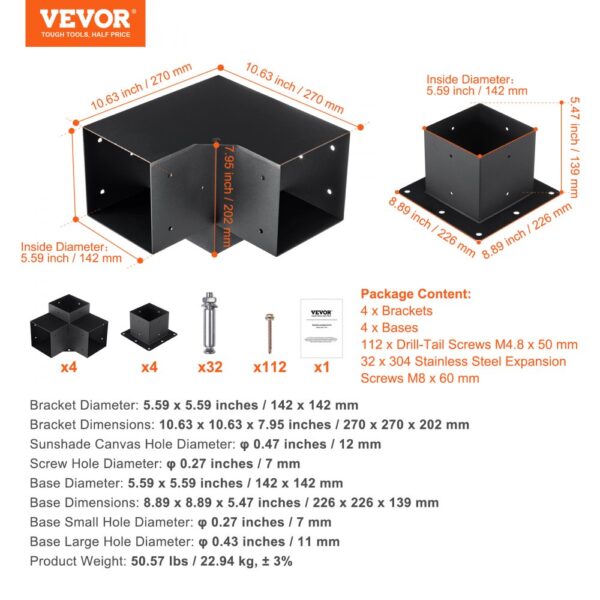 VEVOR pergola bracket kit dimensions and package content details, including screws and bases.