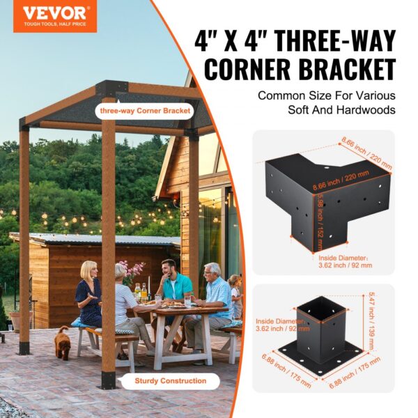 VEVOR pergola bracket kit, 4" x 4" three-way corner bracket for various soft and hardwoods, sturdy construction.