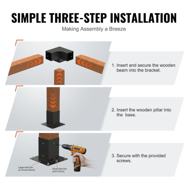 VEVOR pergola bracket kit: three-step installation with wooden beams, pillars, and screws.