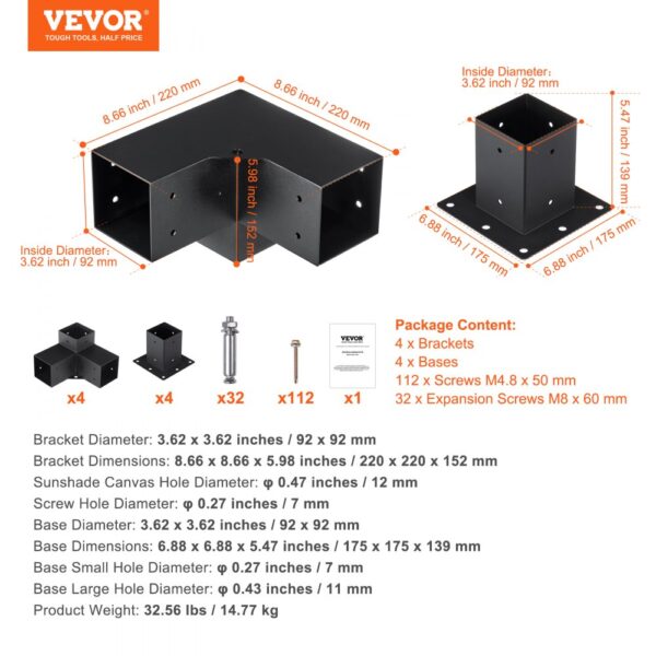 VEVOR pergola bracket kit dimensions, package contents: brackets, bases, screws.