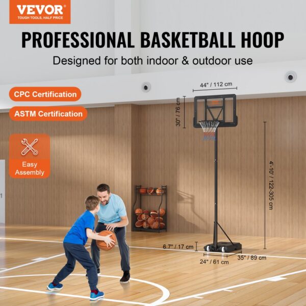 VEVOR basketball hoop with astm and cpc certification, adjustable and suitable for indoor and outdoor use.