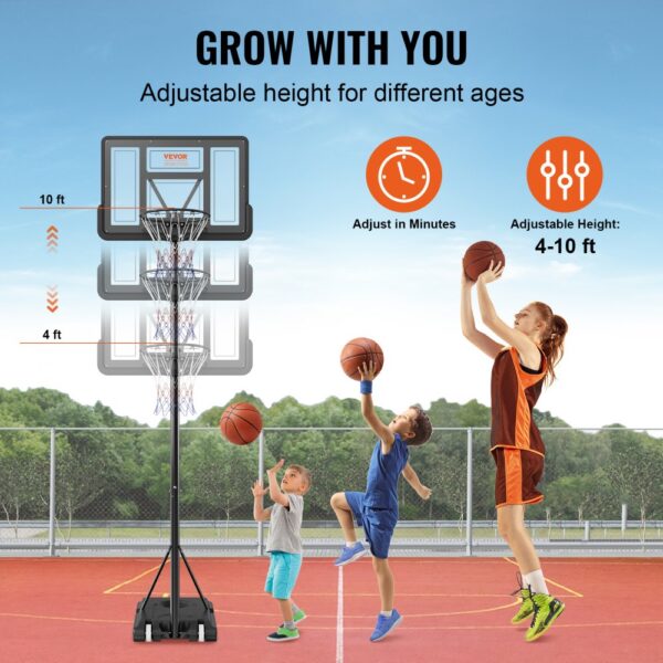 VEVOR basketball hoop with adjustable height from 4 to 10 ft, featuring kids and a teenager playing hoops.