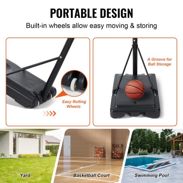 portable VEVOR basketball hoop with built-in wheels, ball storage space, great for yard, court, pool.