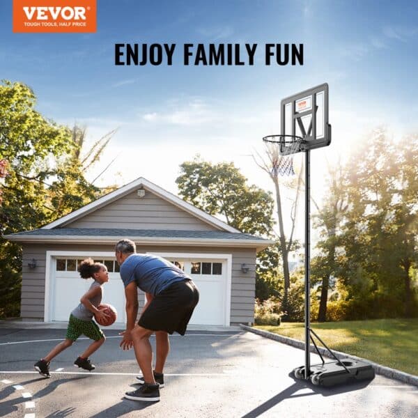 father and child playing basketball in front of a garage with a VEVOR basketball hoop on a sunny day.