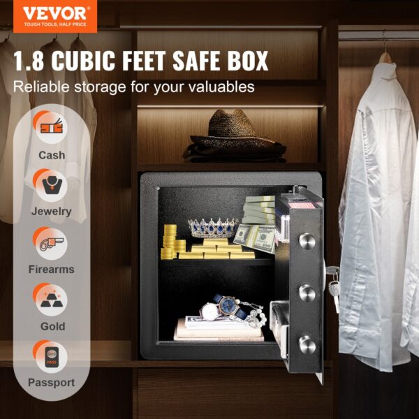 VEVOR home safe offering 1.8 cubic feet of reliable storage for cash, jewelry, gold, firearms, and passports.