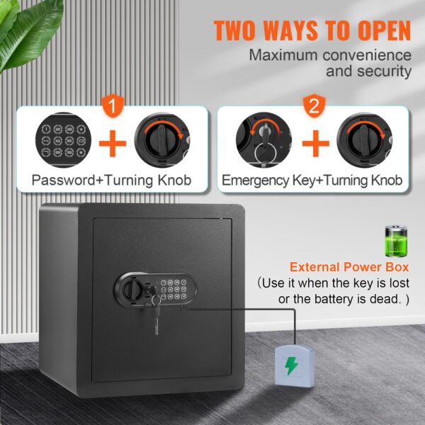 VEVOR home safe with two ways to open: password + knob or emergency key + knob; external power box.