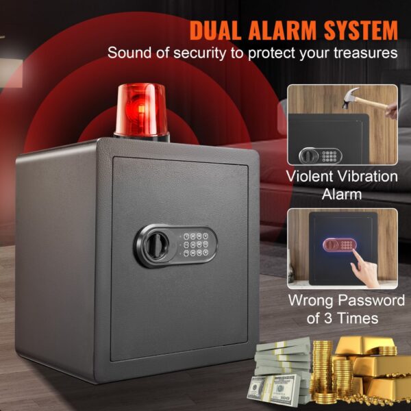 VEVOR home safe with dual alarm system, keypad lock, and alerts for violent vibrations and wrong passwords.