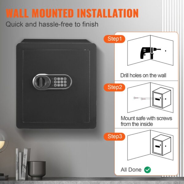 wall mounted VEVOR home safe with keypad lock, instructions for drilling and mounting included.