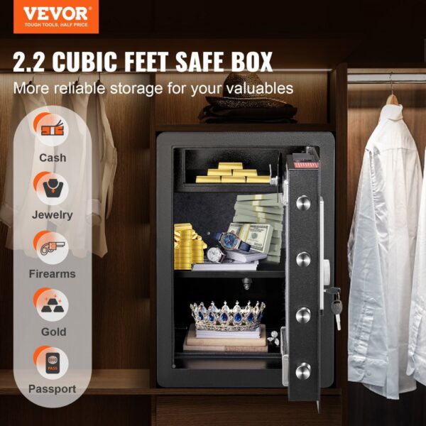 VEVOR home safe in a wooden closet storing cash, gold bars, jewelry, firearms, and a crown.