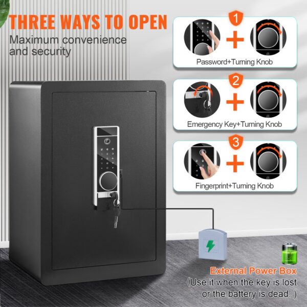 black VEVOR home safe with fingerprint, password, and emergency key access for max convenience and security.