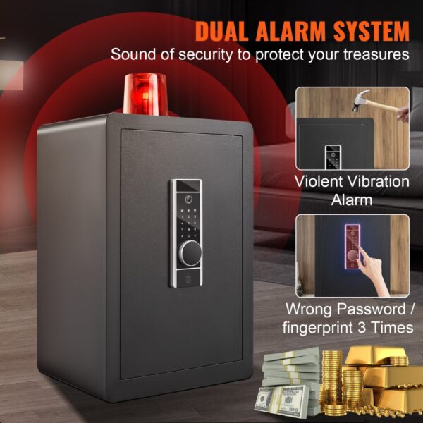 VEVOR home safe with dual alarm system, led keypad, and security features against vibration and wrong passwords.