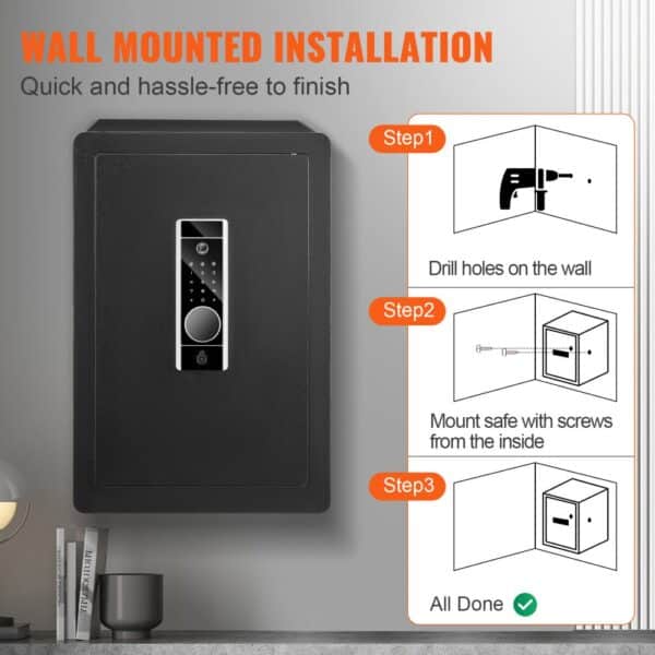 VEVOR home safe wall mounted with installation steps. drill holes, mount safe, and secure with screws.