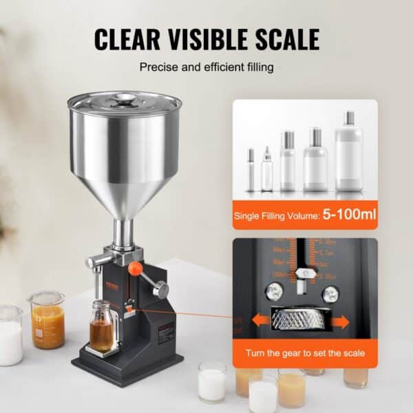 VEVOR liquid filling machine with adjustable scale, filling various bottles from 5-100ml. efficient and precise.