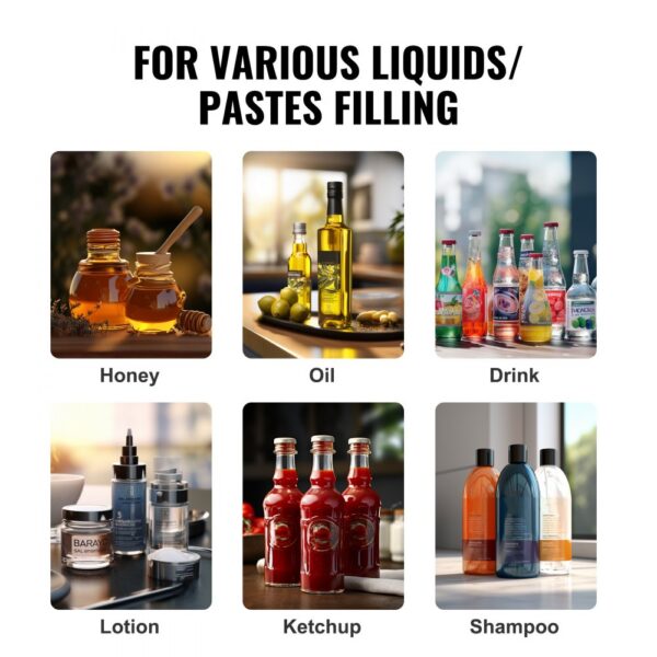 various liquids/pastes filled: honey, oil, drinks, lotion, ketchup, shampoo with VEVOR liquid filling machine.