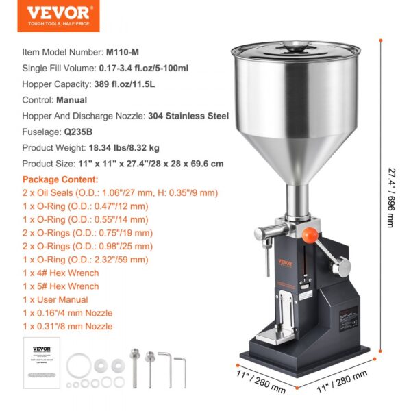 VEVOR liquid filling machine m110-m, 11x11x27.4 in, 11.5l hopper capacity, 304 stainless steel, manual.