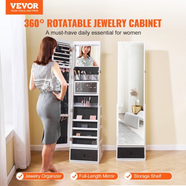 VEVOR Mirror Jewelry Cabinet 360° Swivel Standing Mirror with Storage White