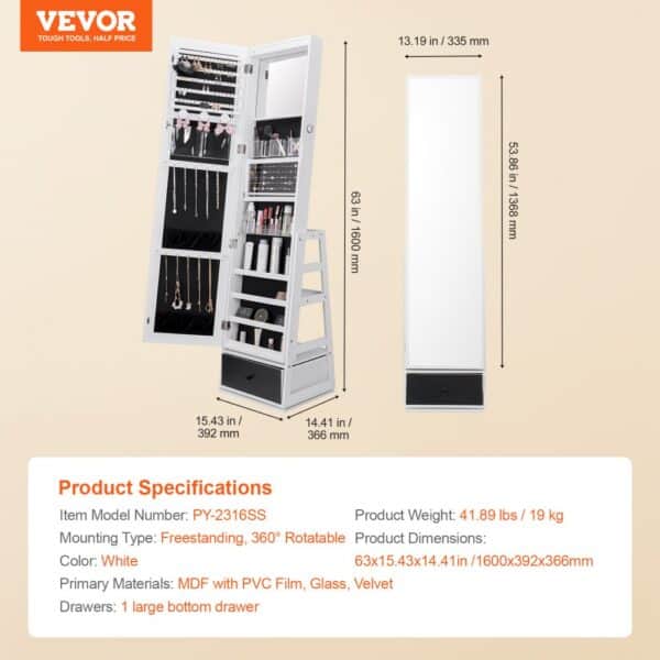 VEVOR Mirror Jewelry Cabinet 360° Swivel Standing Mirror with Storage White