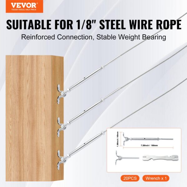 VEVOR stainless steel cable railing kit, suitable for 1/8" steel wire rope, reinforced connection.