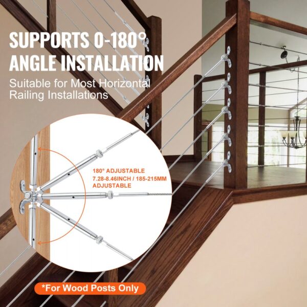 VEVOR stainless steel cable railing kit for wood posts, adjustable angle installation, suitable for stairs.