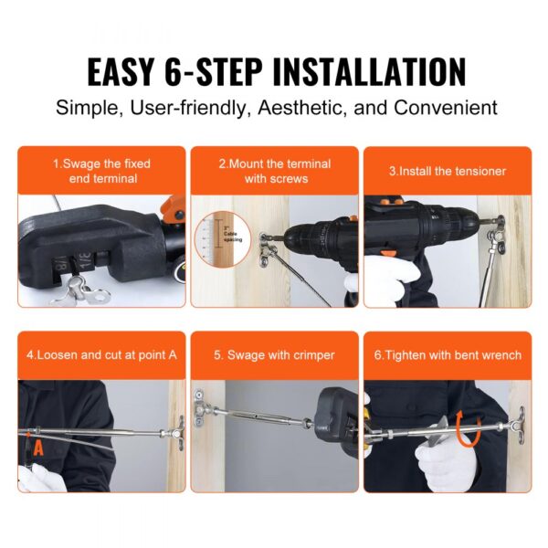 VEVOR stainless steel cable railing kit: easy 6-step installation guide with tools and steps shown.