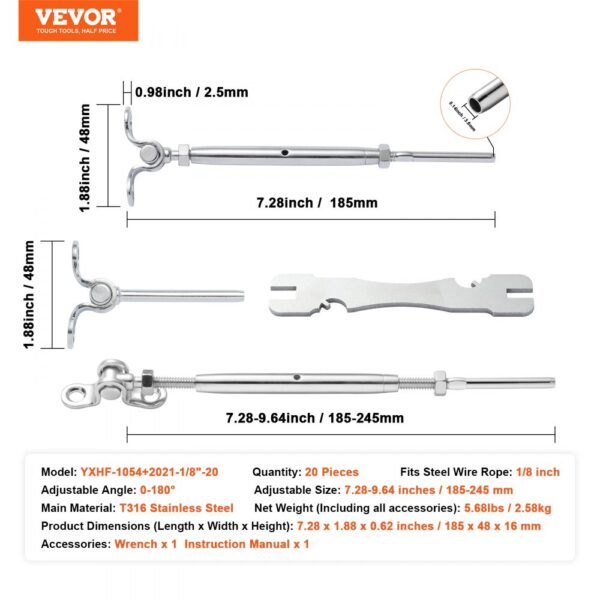 VEVOR stainless steel cable railing kit components with dimensions and specifications.