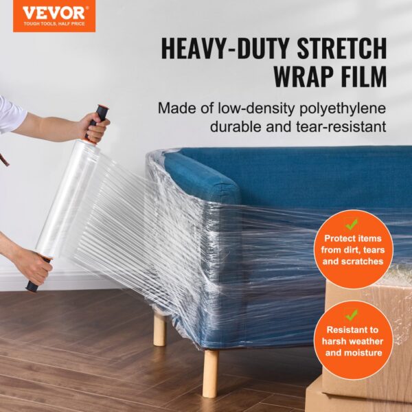 person wrapping a blue couch with VEVOR stretch film, highlighting its durability and tear-resistance.