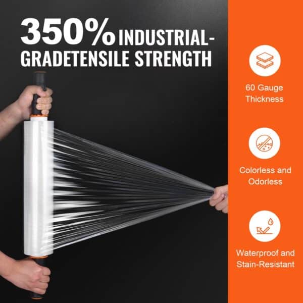 VEVOR stretch film with 350% industrial-grade tensile strength, 60 gauge thickness, waterproof and stain-resistant.