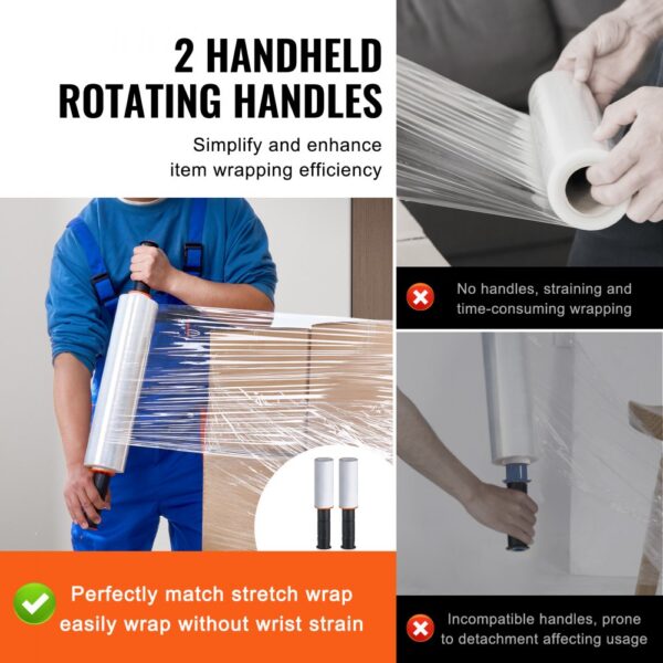 2 handheld rotating handles for VEVOR stretch film, simplifying box wrapping and reducing wrist strain.