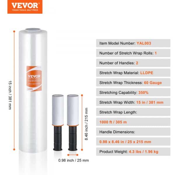 VEVOR stretch film with 15-inch width, 60 gauge thickness, 1000 ft length, includes 2 handles. item model yal003.