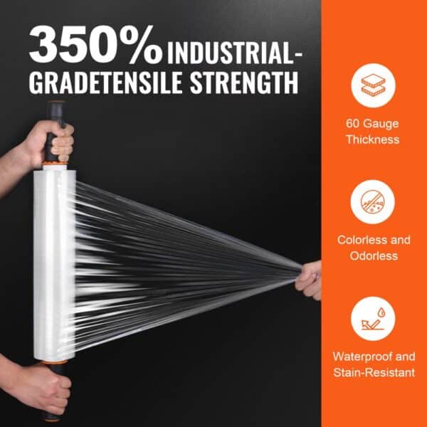 VEVOR stretch film, 350% industrial-grade tensile strength, 60 gauge, colorless, odorless, waterproof.