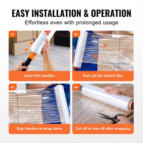 easy installation of VEVOR stretch film in 4 steps: insert handles, pull out, wrap items, and cut off.