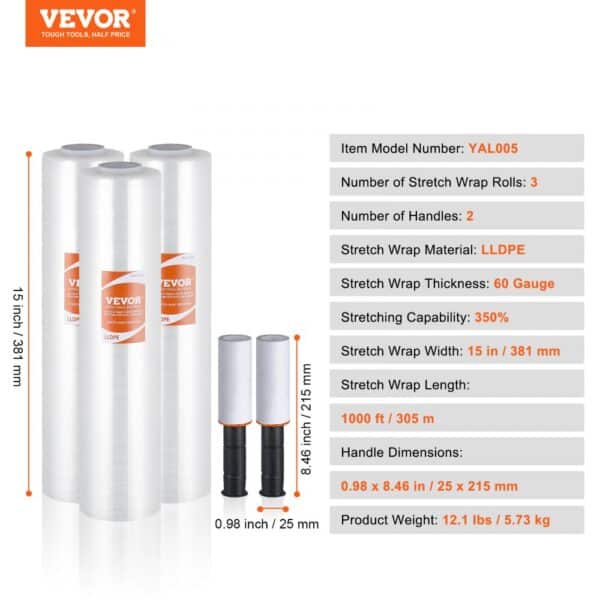 VEVOR stretch film rolls with specifications and dimensions, including lldpe material and 350% stretchability.