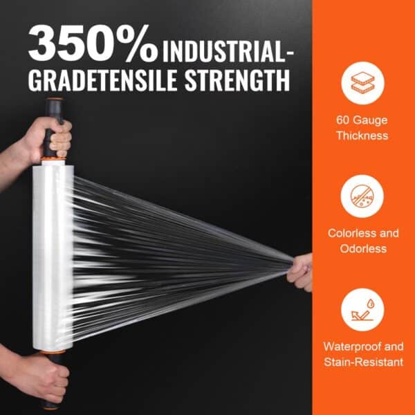 VEVOR stretch film with 350% industrial-grade tensile strength, 60 gauge thickness, colorless and odorless.