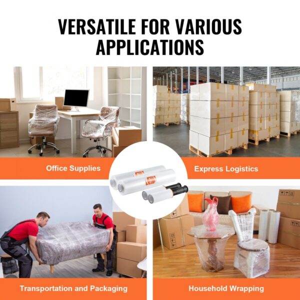 VEVOR stretch film used in office supplies, express logistics, transportation, packaging, household wrapping.