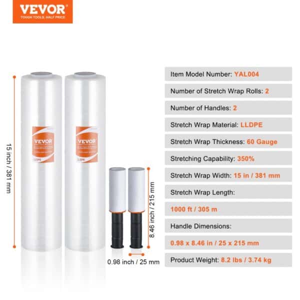 VEVOR stretch film, 15-inch width, two rolls, and handles, lldpe material, 60 gauge, 1000 ft length.