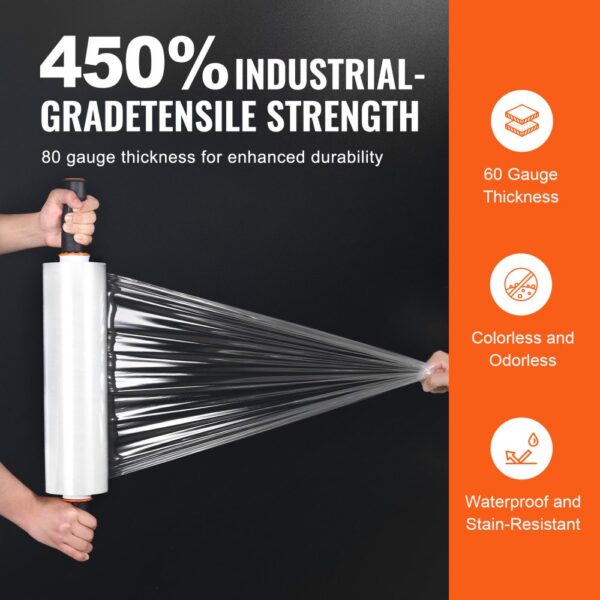 VEVOR stretch film with 450% industrial-grade tensile strength, 80 gauge thickness, colorless and odorless.