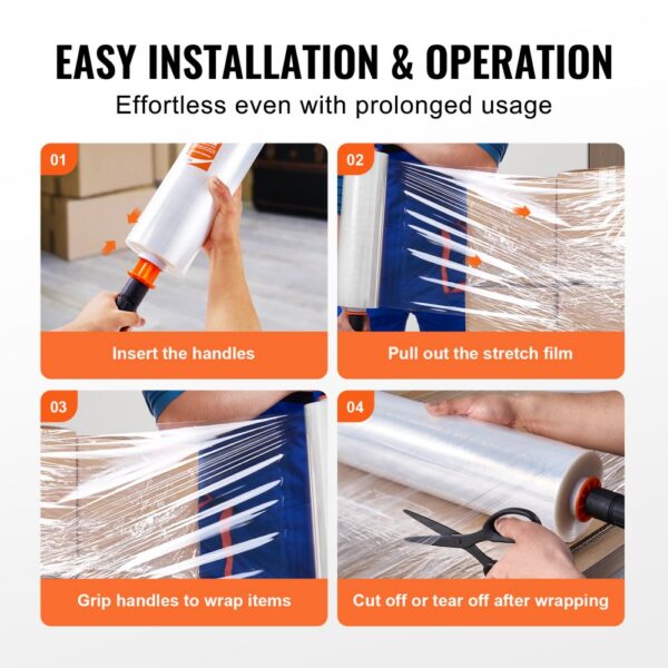 easy steps to use VEVOR stretch film: insert handles, pull out film, grip handles to wrap, cut off after wrapping.