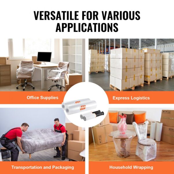 VEVOR stretch film used for office supplies, express logistics, transportation, and household wrapping.