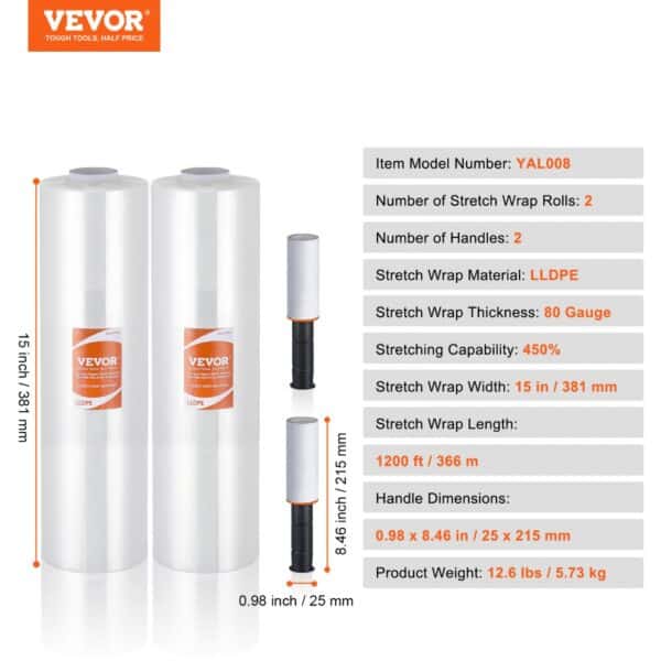 VEVOR stretch film rolls with handles, 80 gauge thickness, 1200 ft length, lldpe material.