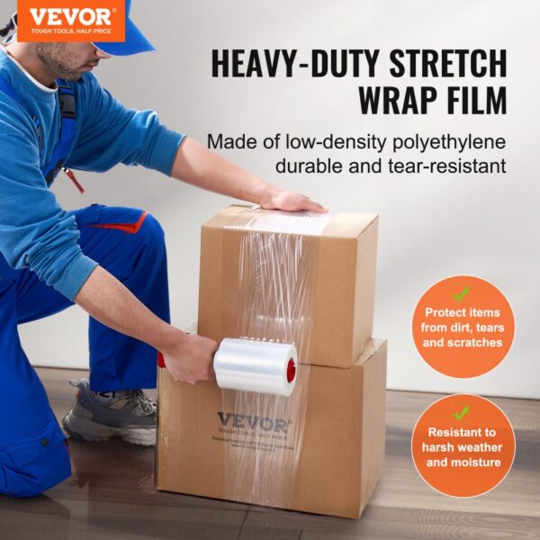 worker wrapping boxes with VEVOR stretch film, highlighting durability and protection from dirt and moisture.