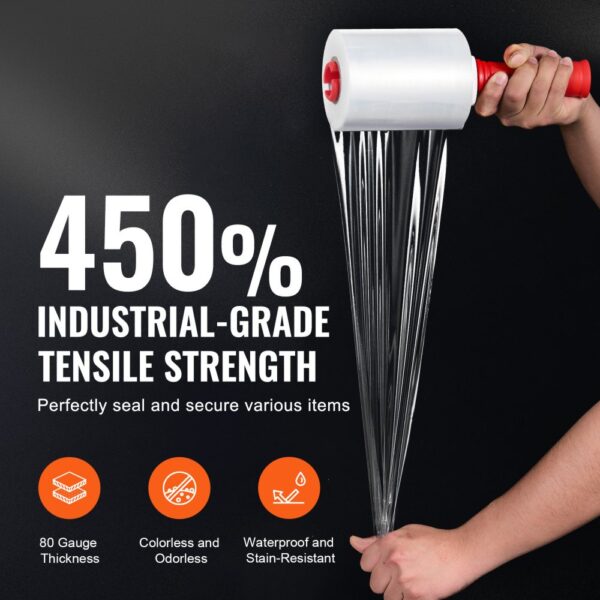 VEVOR stretch film with 450% industrial-grade tensile strength, 80-gauge thickness, waterproof.