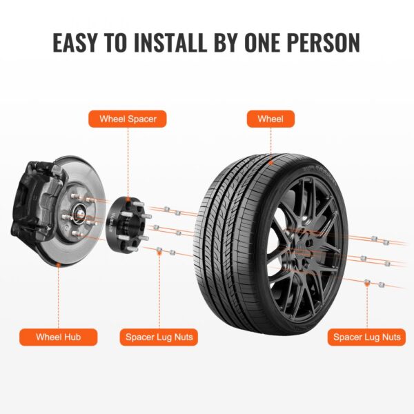 diagram showing installation steps of VEVOR wheel spacers between wheel hub and wheel.