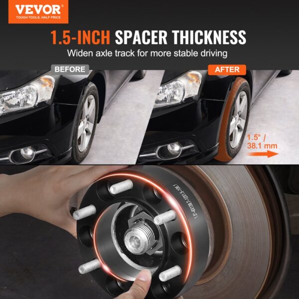 VEVOR wheel spacers: 1.5-inch thickness enhances stable driving by widening axle track (before/after view).